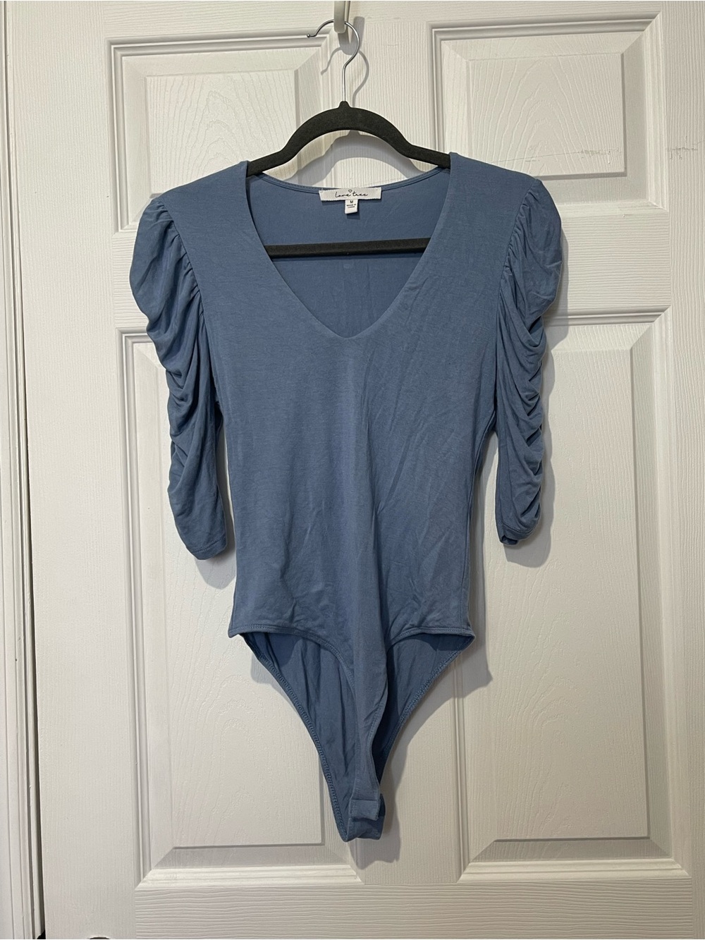 Love Tree Dusty Blue Ruched Sleeve V-Neck Bodysuit